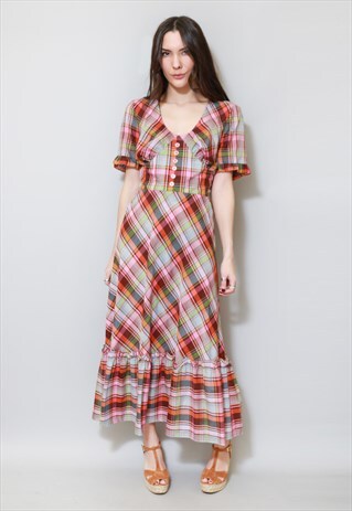 VINTAGE 1970'S GINGHAM PRINT MULTI COLOURED MAXI DRESS