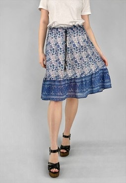 70's Indian Cotton Vintage Floral Prairie Blue Floral Skirt