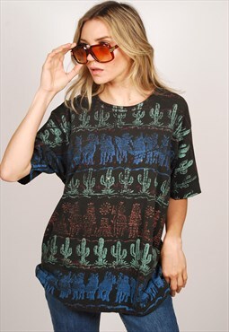 Cactus All Over Print T-shirt (XL) black 80s aop cowboy top