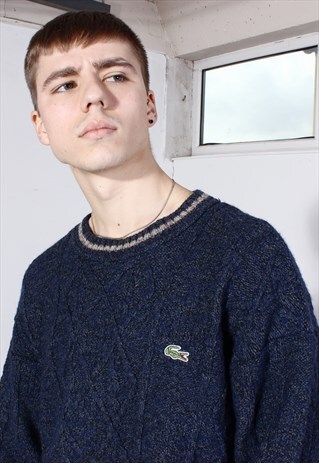 VINTAGE LACOSTE SPORT BLUE AND BEIGE CABLE KNITTED JUMPER