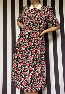Vintage 80s floral midi shirt dress, black pink, UK10/12