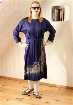 Royal blue pleated vintage dress with brown leaves
