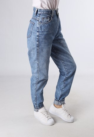 HIGH WAISTED DENIM JEANS WIDE TAPERED LEG UK 10 (C92J)