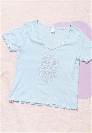 VINTAGE BABY TEE Y2K LETTUCE HEM FAIRY TOP IN PASTEL BLUE