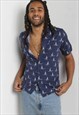 VINTAGE ABSTRACT CRAZY PATTERNED FESTIVAL SHIRT BLUE