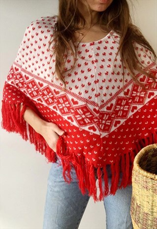 VINTAGE 80S FAIR ISLE CHRISTMAS KNIT CAPE PONCHO FRINGED