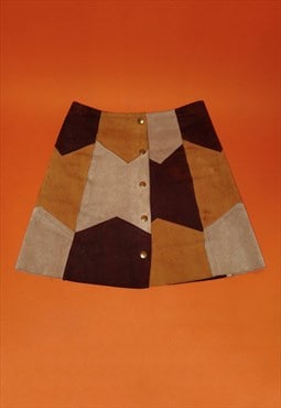 Vintage 70s suede patchwork popper mini skirt tan purple - x