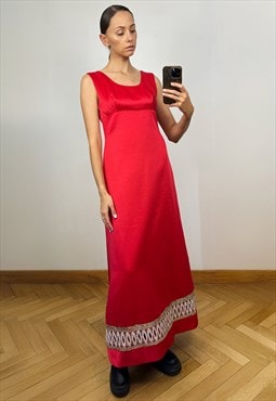 Vintage Red Sleeveless Long Silky Embroidered Dress