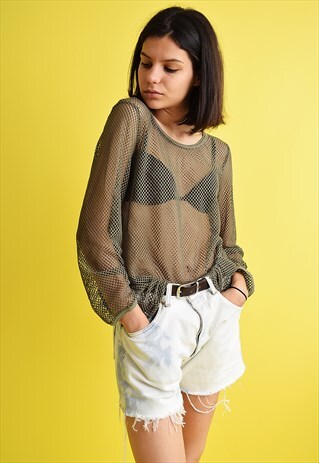 90'S RETRO MINIMALIST KHAKI MESH FISHNET BLOUSE TOP