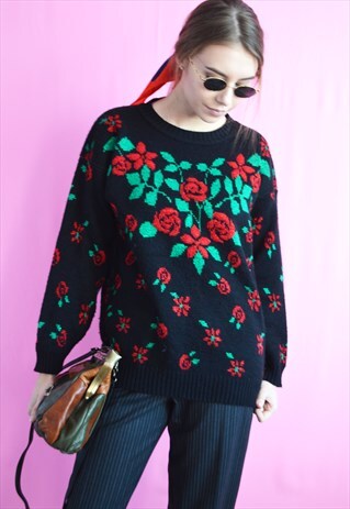 VINTAGE 80'S ROSE PATTERN SHIMMERING SWEATER JUMPER