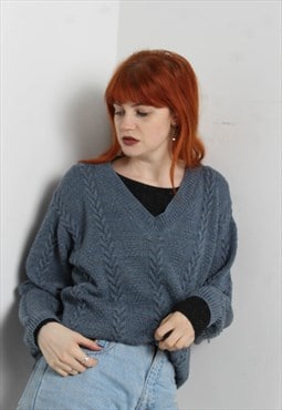 Vintage V Neck Cable Knit Cardigan Blue