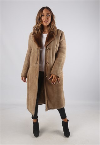 VINTAGE SHEEPSKIN SUEDE SHEARLING COAT MID LONG UK 18 (C9AE)
