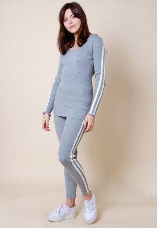 KNIT STRIPE LOUNGEWEAR SET WITH HOOD - GREY