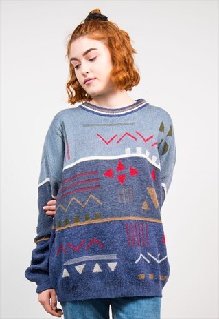 VINTAGE 90'S BLUE ABSTRACT PATTERNED KNIT JUMPER