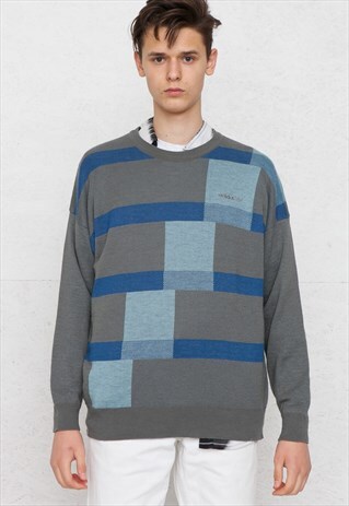 VINTAGE GREY BLUE ADIDAS ROUND NECK KNIT JUMPER SWEATER