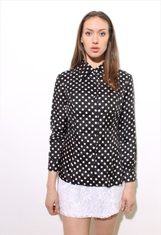 VINTAGE 1970'S 70'S BLACK & WHITE POLKA DOT BUTTON DOWN M-L