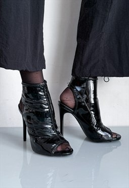 Y2K sexy patent open toe heel pumps in shiny black