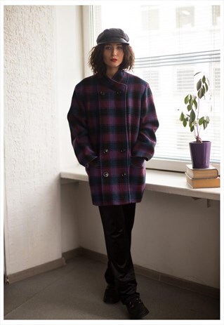 VINTAGE 90'S PURPLE PLAID DOUBLE BREASTED WOOL COAT