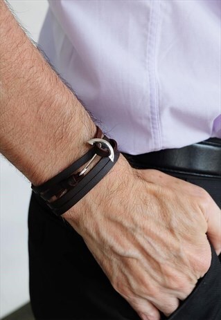 ANCHOR ON LEATHER BRACELET MEN STERLING SILVER BRACELET