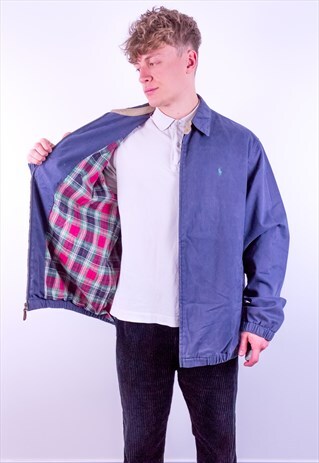 VINTAGE RALPH LAUREN CHECK LINED HARRINGTON JACKET IN BLUE