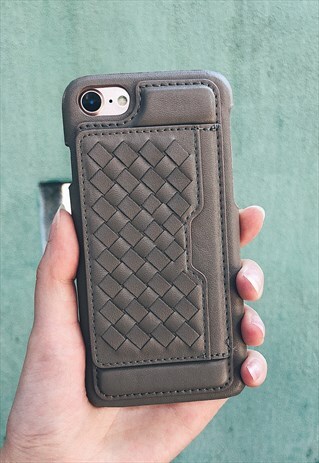 LEATHER-LOOK WEAVE PHONE CASE WITH CARD HOLDER - GREY