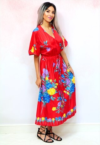 1970S VINTAGE RED FLORAL SPANISH KIMONO SLEEVE MAXI DRESS