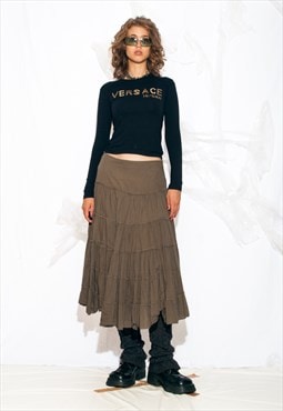 Vintage Y2K Tiered Maxi Skirt in Khaki