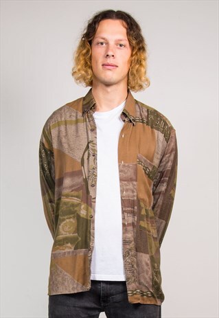 90'S VINTAGE BROWN WAVEY PATTERN FESTIVAL SHIRT