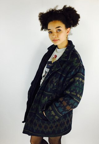 VINTAGE 80S THICK AZTEC PATTERN WOOL COAT