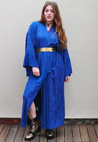 VINTAGE 70S BLUE LONGLINE FULL LENGTH FESTIVAL BOHO KIMONO