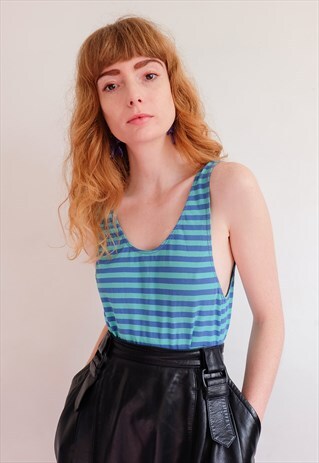 VINTAGE 80S BLUE STRIPED OPEN BACK BODYSUIT FESTIVAL
