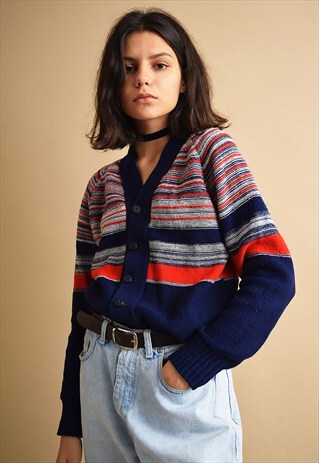 70'S RETRO MOD STRIPED MINIMALIST MOM'S KNITTED CARDIGAN
