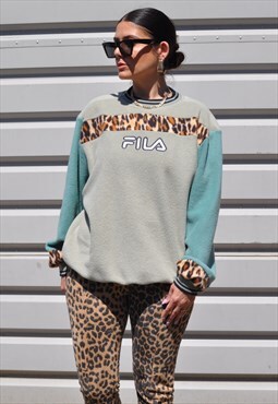 Y2K vintage reworked Fila spell out leopard sage sweatshirt