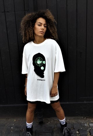 LOOSE FIT OVERSIZE BALACLAVA TERRORIST SLOGAN TEE SHIRT TOP