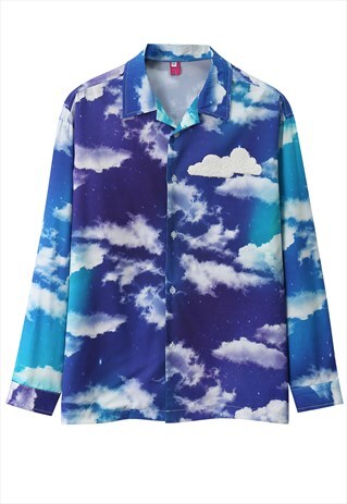 ABSTRACT SKY PRINT SHIRT CLOUD FLEECE APPLIQUE Y2K LONG TOP