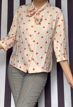 Vintage 80s red polka dots pussy bow satin blouse, uk14/16