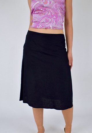 VINTAGE Y2K 90S BLACK LINEN MID WAISTED MIDI SKIRT