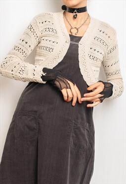 Vintage Crochet Top Y2K Lace Crop Cardigan in Beige