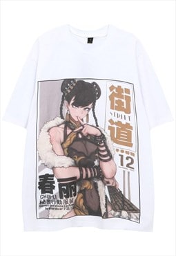 Anime print t-shirt Japanese cartoon tee retro top in white