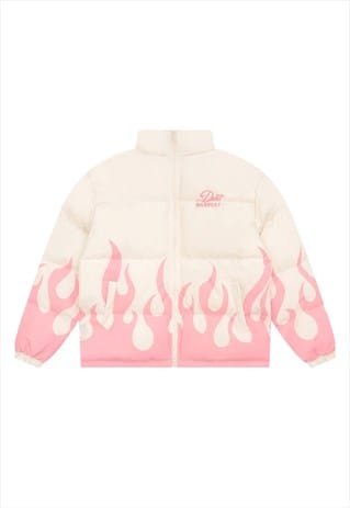 FLAME PRINT BOMBER FIRE GRAPHIC PUFFER JACKET IN CREAM PINK