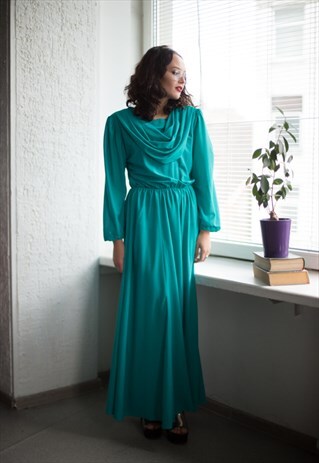 VINTAGE 60'S EMERALD MAXI LONG SLEEVED DRESS