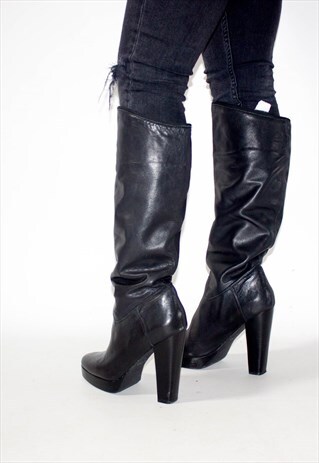 ITALIAN LEATHER KNEE HIGH PLATFORM BOOTS WIDE CALF