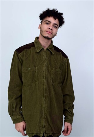 VINTAGE 90'S KHAKI CORDUROY ZIP UP SHIRT WITH POCKETS