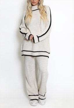 High Neck Knitted Jumper And Wide Leg Trouser Set In Beige 