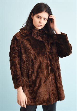 VINTAGE 80'S RETRO FAUX FUR BROWN COAT