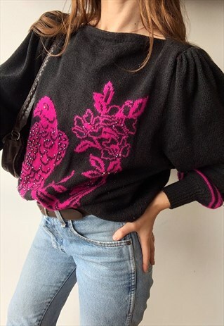 VINTAGE 80S LUXE PUFF SLEEVE BIRD PATTERN BEADED KNIT JUMPER