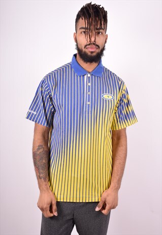 DIADORA MENS VINTAGE POLO SHIRT MEDIUM BLUE STRIPES 90'S