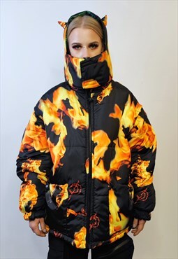 Flame print bomber reversible jacket detachable smoke puffer