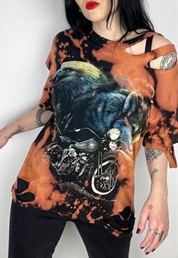 Grunge Style Acid Wash distressed wolf biker Graphic t-Shirt