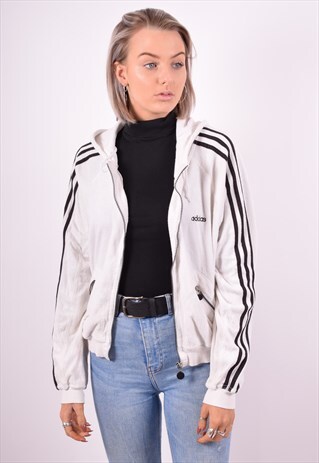 ADIDAS WOMENS VINTAGE HOODIE JACKET LARGE WHITE 90'S
